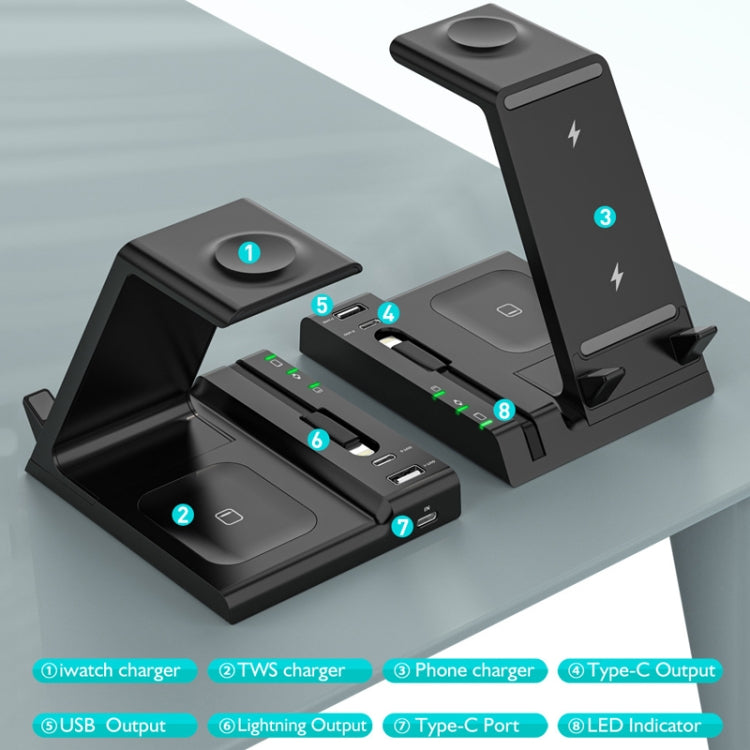 Z252 6-In-1 Wireless Charging Stand Dock With USB-C/Type-C Port & 8 Pin Charge Cable(Black) - Wireless Charger by PMC Jewellery | Online Shopping South Africa | PMC Jewellery | Buy Now Pay Later Mobicred