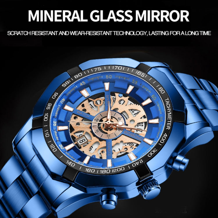 BINBOND S033 Hollowed Mechanical 30m Waterproof Luminous Quartz Watch, Color: Black Steel-Black-Gold - free shipping - PMC TechLife - Order now!