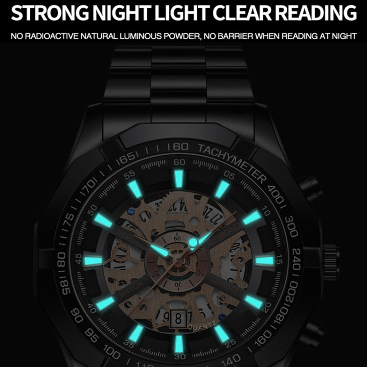BINBOND S033 Hollowed Mechanical 30m Waterproof Luminous Quartz Watch, Color: Black Steel-Black-Gold - free shipping - PMC TechLife - Order now!