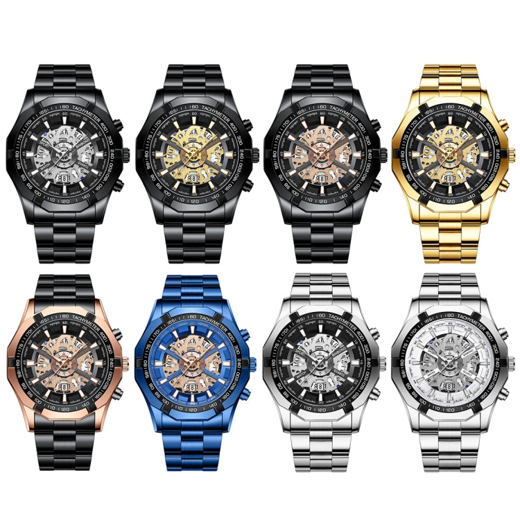 BINBOND S033 Hollowed Mechanical 30m Waterproof Luminous Quartz Watch, Color: Black Steel-Black-Rose Gold - free shipping - PMC TechLife - Order now!