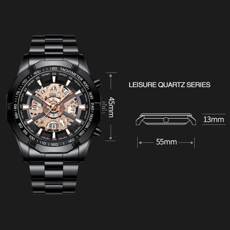 BINBOND S033 Hollowed Mechanical 30m Waterproof Luminous Quartz Watch, Color: Black Steel-Black-Rose Gold - free shipping - PMC TechLife - Order now!