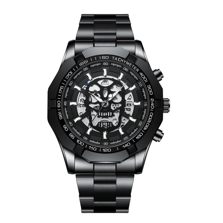 BINBOND S034 30M Waterproof Quartz Watch Skull Skeleton Luminous Watch(Black Steel Black White Nail) - free shipping - PMC TechLife - Order now!