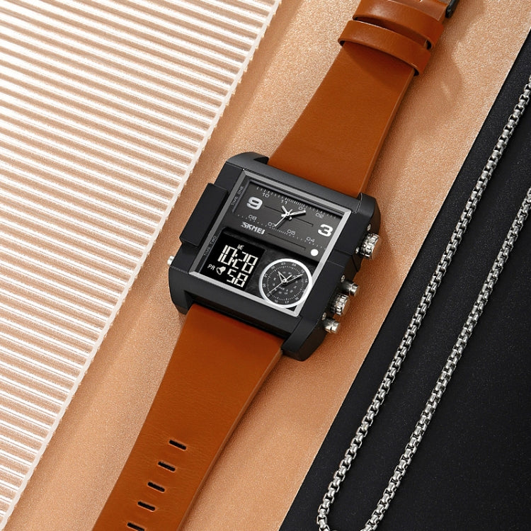SKMEI 2020 Square Large Dial Triple Movement Men Sports Watch(Silver Shell Brown Belt Black Machine) - free shipping - PMC TechLife - Order now!