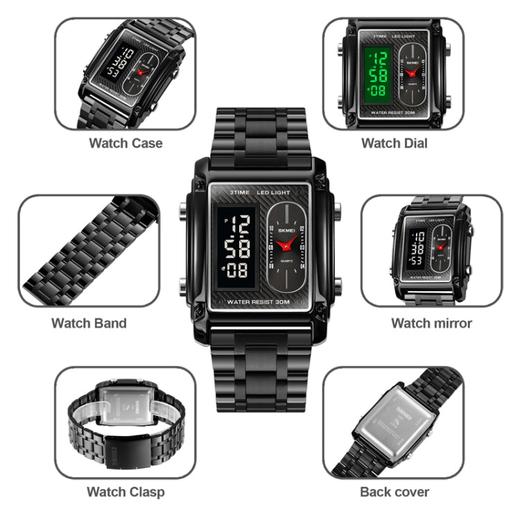 SKMEI 1868 Square Double Display Waterproof Men Watch, Style: Steel Belt (Black) - free shipping - PMC TechLife - Order now!