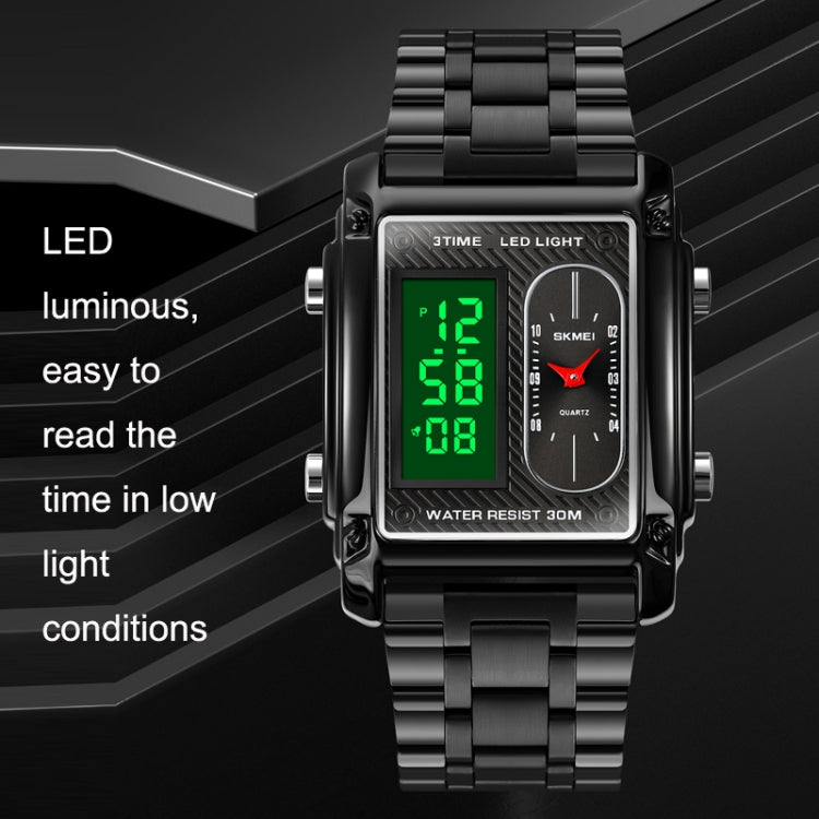 SKMEI 1868 Square Double Display Waterproof Men Watch, Style: Steel Belt (Black) - free shipping - PMC TechLife - Order now!