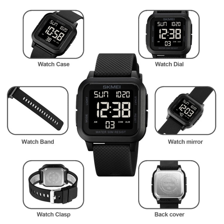 SKMEI 1894 Square Sports Waterproof Student Simple Multifunctional Luminous Watch(Black White Machine) - free shipping - PMC TechLife - Order now!