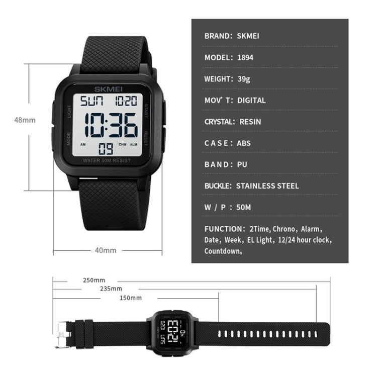 SKMEI 1894 Square Sports Waterproof Student Simple Multifunctional Luminous Watch(Black White Machine) - free shipping - PMC TechLife - Order now!