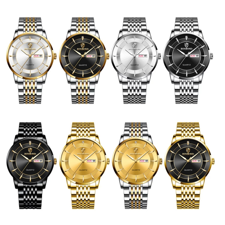 BINBOND B2077 30M Waterproof Quartz Luminous Watch Butterfly Buckle Men's Steel Belt Watch(Black Steel-Black) - free shipping - PMC TechLife - Order now!
