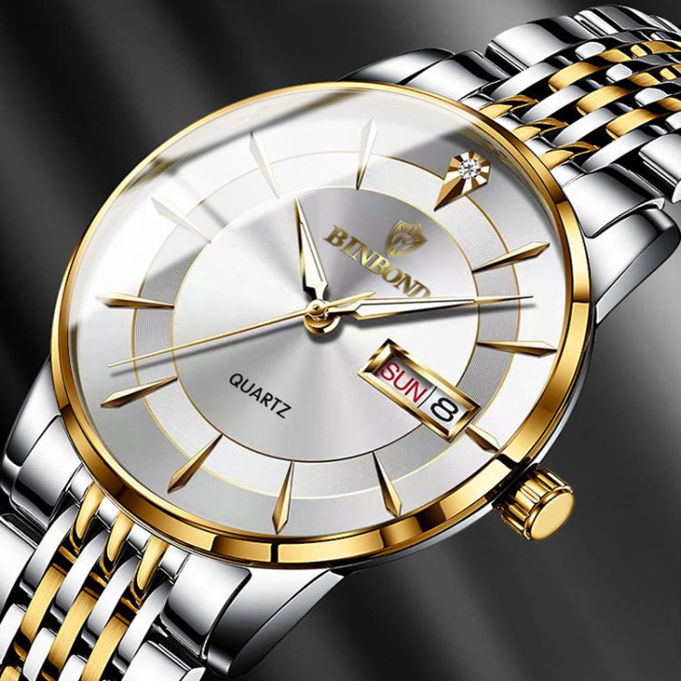 BINBOND B2077 30M Waterproof Quartz Luminous Watch Butterfly Buckle Men's Steel Belt Watch(Black Steel-Black) - free shipping - PMC TechLife - Order now!