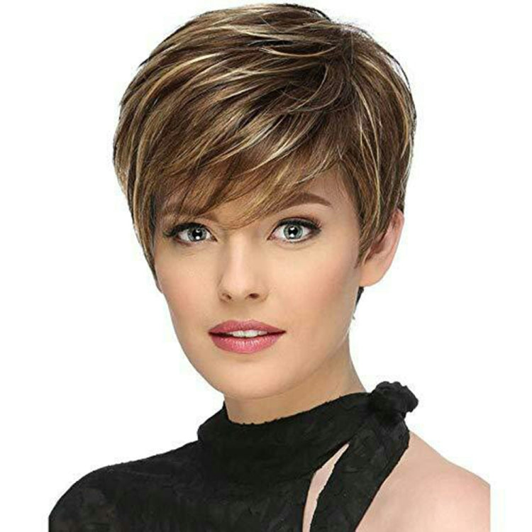 WIG-305 Female High Temperature Silk Wig Oblique Bangs Short Hair Chemical FiberHeadgear(Brown+Light Gold) - free shipping - PMC TechLife - Order now!