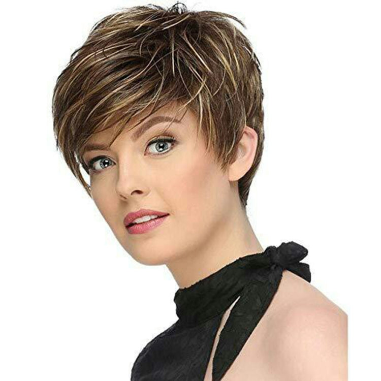 WIG-305 Female High Temperature Silk Wig Oblique Bangs Short Hair Chemical FiberHeadgear(Brown+Light Gold) - free shipping - PMC TechLife - Order now!