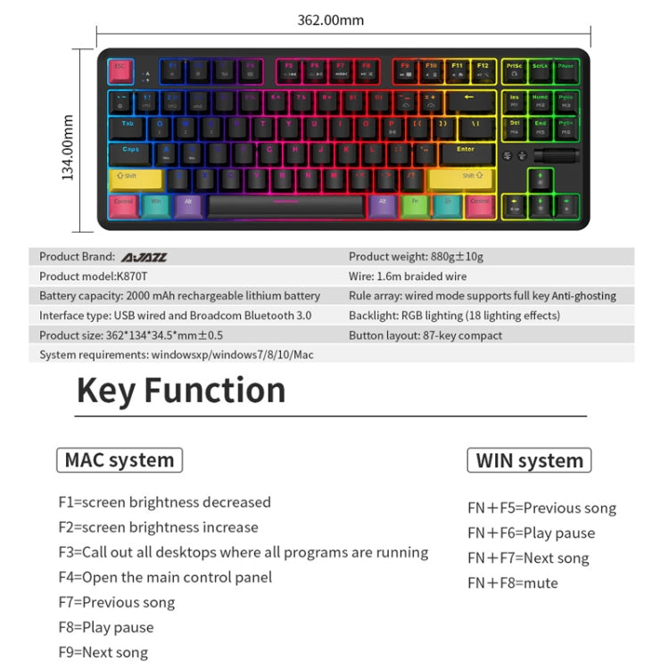 Ajazz K870T 87-Key Hot Swap Bluetooth/Wired Dual Mode RGB Backlight Office Game Mechanical Keyboard Red Shaft (Black) - free shipping - PMC Jewellery - Order now!