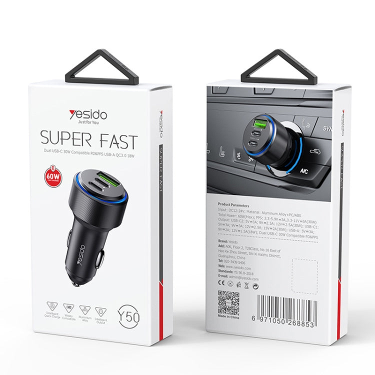 Yesido Y50 Car USB3.0 Fast Charger 30W Aluminum Alloy PD Fast Charging(Black) - Car Charger by Yesido | Online Shopping South Africa | PMC TechLife | Buy Now Pay Later Mobicred