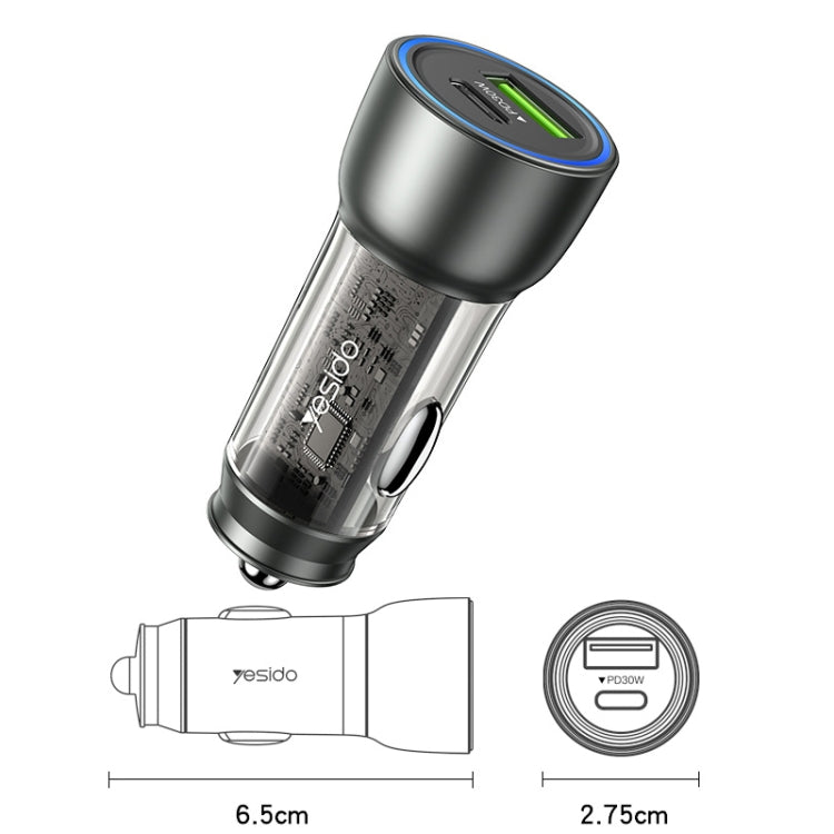 Yesido Y49 Car USB3.0 Fast Charger 30W Translucent PD Fast Charging(Black) - free shipping - PMC TechLife - Order now!