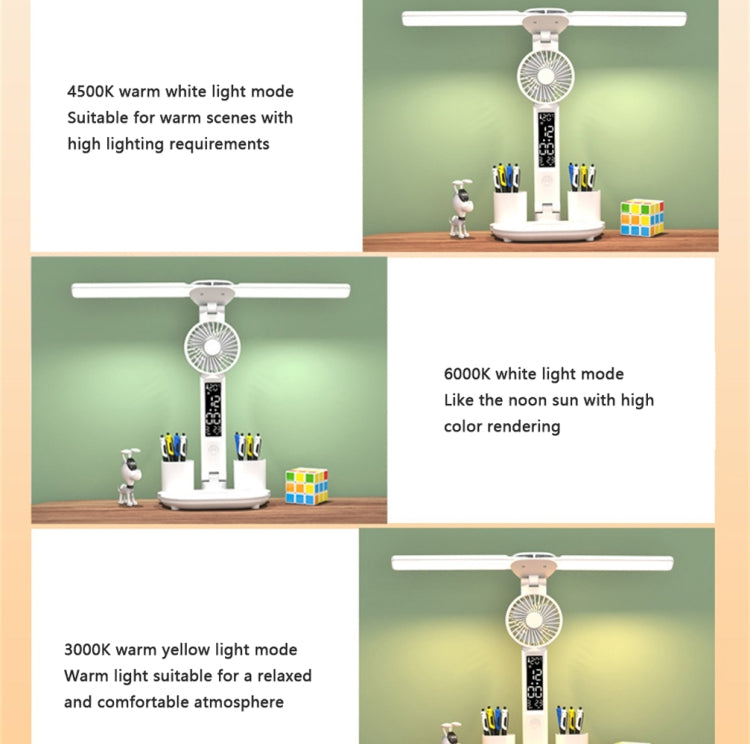 Rechargeable  3200mAh Double Head Lighting LED Fan Desk Lamp with Pen Holder & Clock - free shipping - PMC TechLife - Order now!