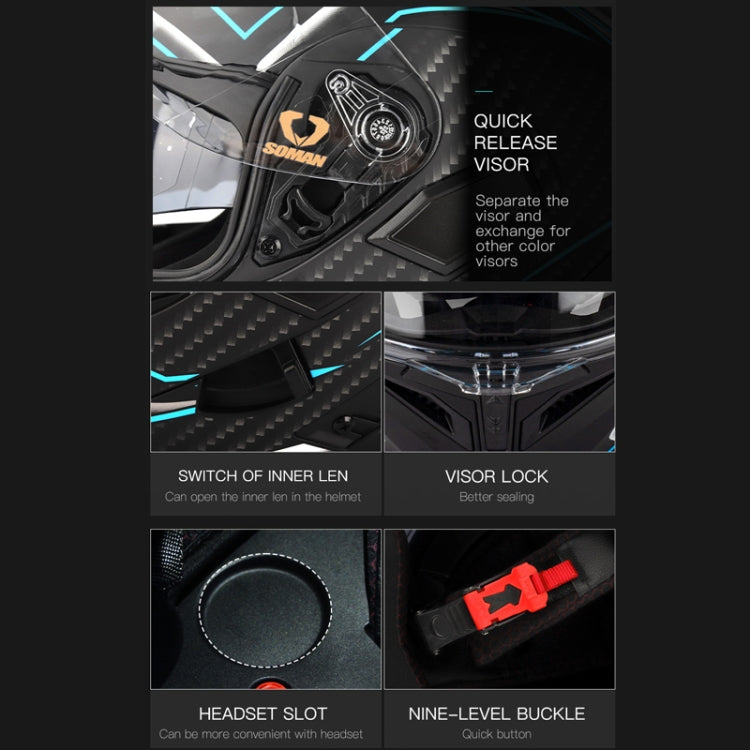 SOMAN Motorcycle Dual Lens Riding Peel-Off Full Coverage Helmet, Size: L(Matt Black Blue) - free shipping - PMC TechLife - Order now!