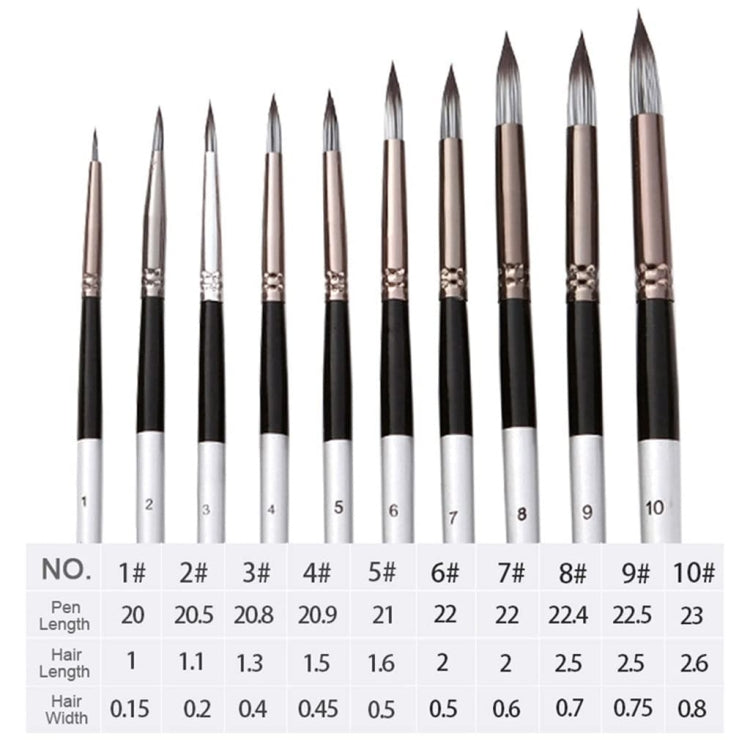 10 In 1 Nylon Hair Watercolor Paint Brush Set Wooden Handle Round Pointed Acrylic Painting Pens(Silver Black) - Art Supplies by PMC TechLife | Online Shopping South Africa | PMC TechLife | Buy Now Pay Later Mobicred