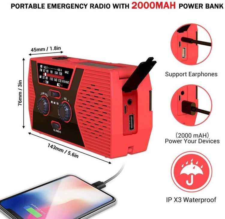 AM/FM/NoAA 2000mAh Emergency Radio Portable Hand Crank Solar Powered Radio(Red) - Radio Player by PMC TechLife | Online Shopping South Africa | PMC TechLife | Buy Now Pay Later Mobicred