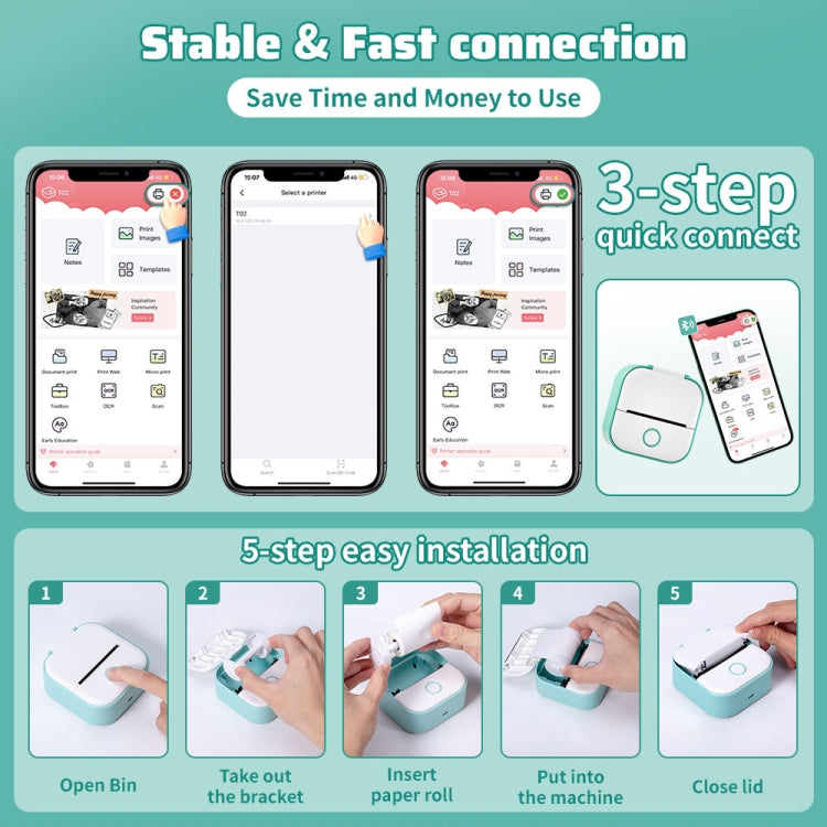 Phomemo T02 Standard Error Mini Pocket Small Portable Bluetooth Phone Photo Label Thermal Printer(White Green) - Photo Printers by Huawei | Online Shopping South Africa | PMC Jewellery | Buy Now Pay Later Mobicred