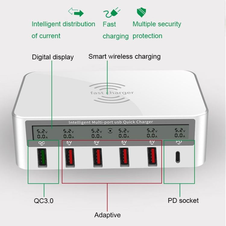 818PF 5 USB Ports + Type-C Smart Digital Display Wireless Phone Charger, Style: US Plug (White) - Multifunction Charger by PMC TechLife | Online Shopping South Africa | PMC TechLife | Buy Now Pay Later Mobicred