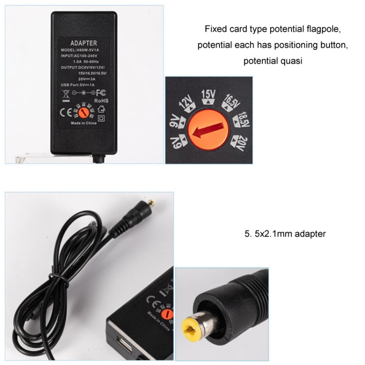 65W 6-20V Adjustable 3A DC Power Adapter Charger, Specification: EU Plug - Universal Power Adapter by PMC TechLife | Online Shopping South Africa | PMC TechLife | Buy Now Pay Later Mobicred