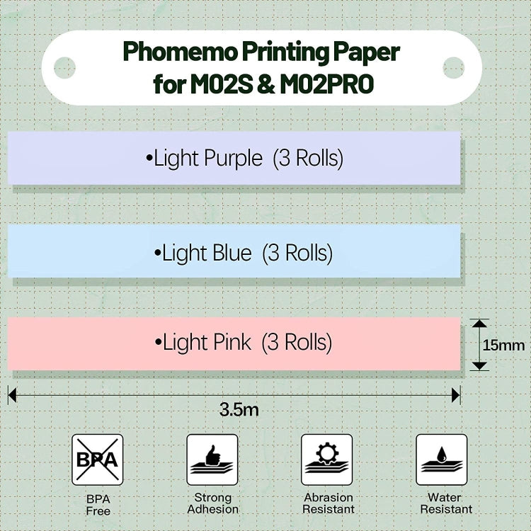 For Phomemo M02S / M02 Pro 9rolls /Pack 15mm Purple/Light Blue/Light Pink Bottom Self-adhesive Thermal Paper - free shipping - PMC TechLife - Order now!