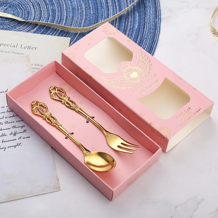 2pcs /Pack Retro Openwork Carved Dessert Spoon Fork Set Engraved Cutlery Gift Box, Style: Pink Box (Gold) - Cutlery Sets by PMC TechLife | Online Shopping South Africa | PMC TechLife