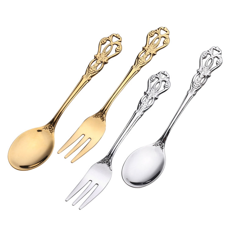 2pcs /Pack Retro Openwork Carved Dessert Spoon Fork Set Engraved Cutlery Gift Box, Style: Pink Box (Gold) - Cutlery Sets by PMC TechLife | Online Shopping South Africa | PMC TechLife