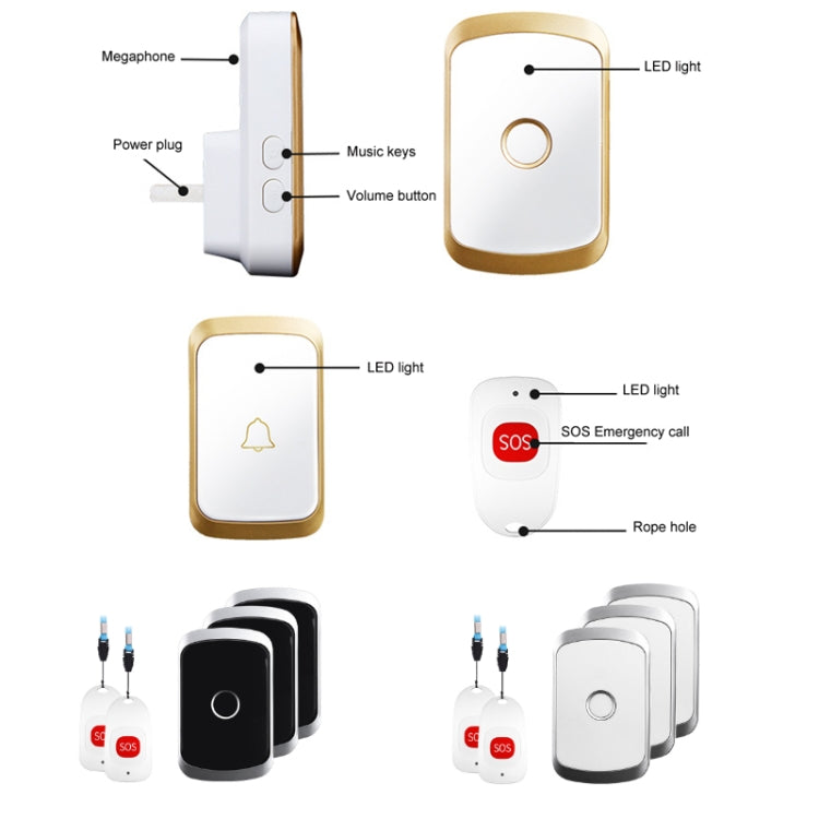 CACAZI C20 Two To Three Wireless Pager For The Elderly Home Care Waterproof Emergency Pager, EU Plug(Gold) - Wireless Doorbell by CACAZI | Online Shopping South Africa | PMC TechLife | Buy Now Pay Later Mobicred