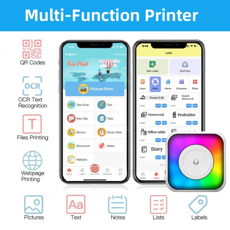 RGB Light Portable Mini Bluetooth Printer Inkless Document Label Printer with 1-Roll Paper - Receipt Printers by PMC TechLife | Online Shopping South Africa | PMC TechLife | Buy Now Pay Later Mobicred
