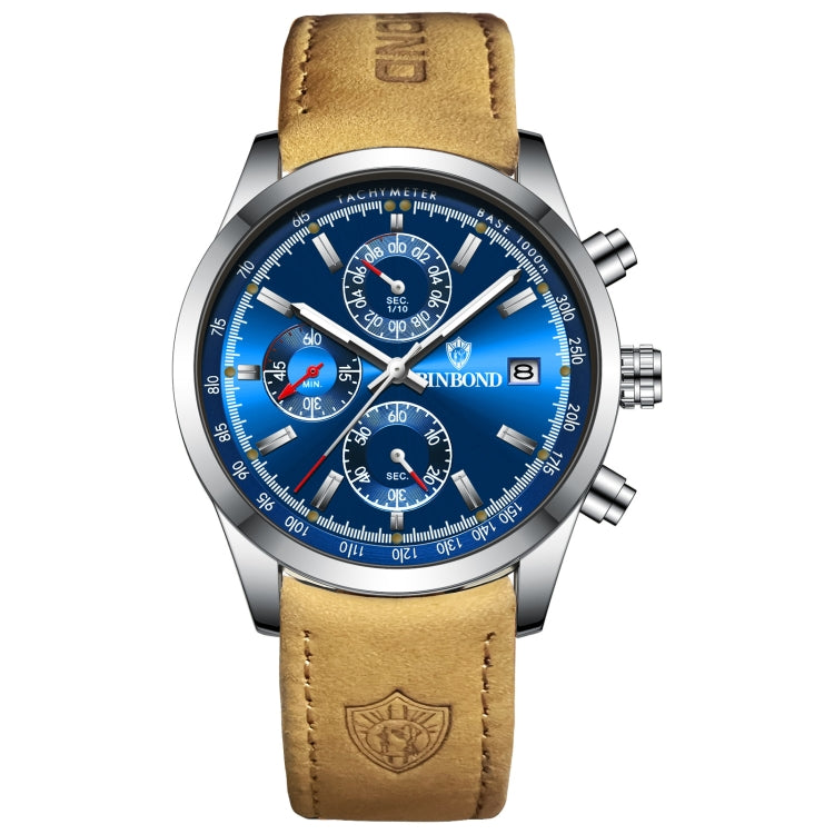 BINBOND B6022 30m Waterproof Luminous Multifunctional Quartz Watch, Color: Leather-White Steel-Blue - free shipping - PMC TechLife - Order now!