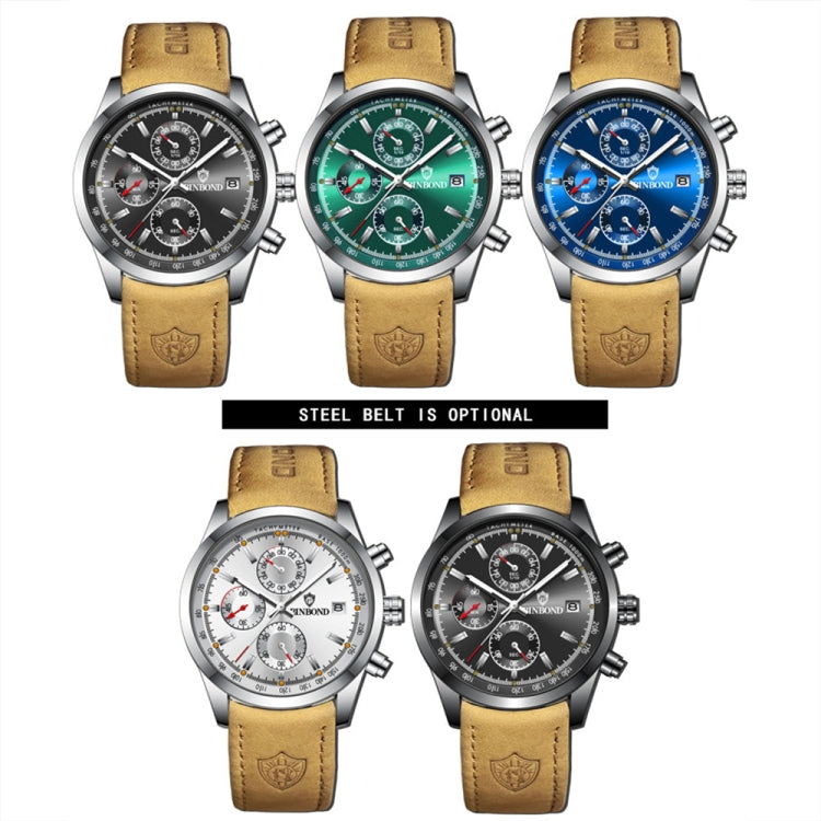 BINBOND B6022 30m Waterproof Luminous Multifunctional Quartz Watch, Color: Leather-White Steel-Blue - free shipping - PMC TechLife - Order now!