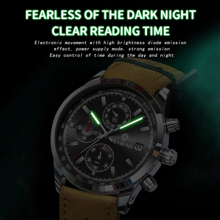 BINBOND B6022 30m Waterproof Luminous Multifunctional Quartz Watch, Color: Leather-White Steel-Blue - free shipping - PMC TechLife - Order now!