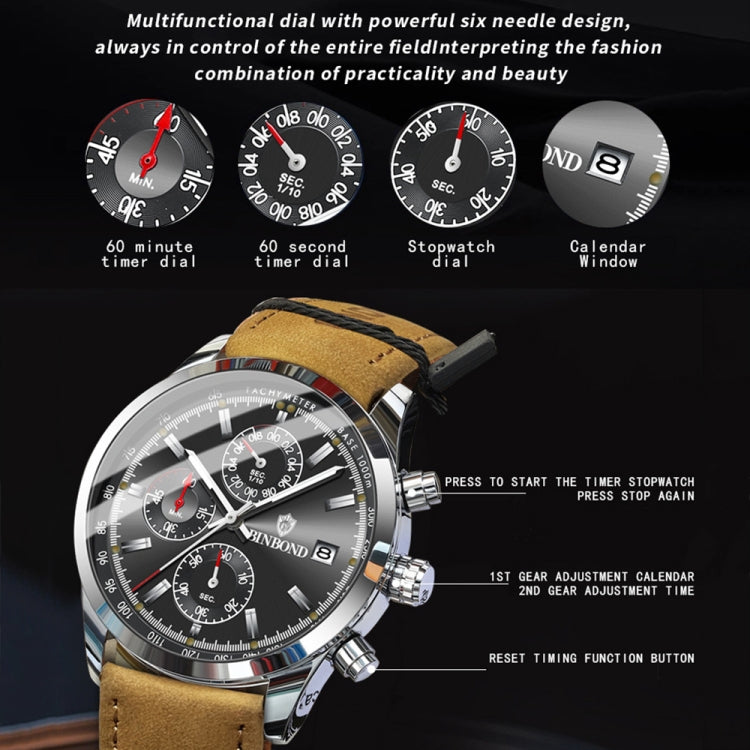 BINBOND B6022 30m Waterproof Luminous Multifunctional Quartz Watch, Color: Black Steel-Black - free shipping - PMC TechLife - Order now!