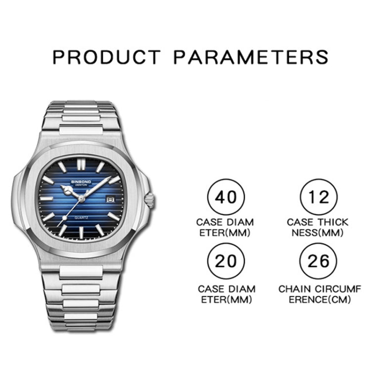 BINBOND B1885 30m Waterproof Retro Luminous Square Men Quartz Watch, Color: Black Steel-Blue-White - free shipping - PMC TechLife - Order now!