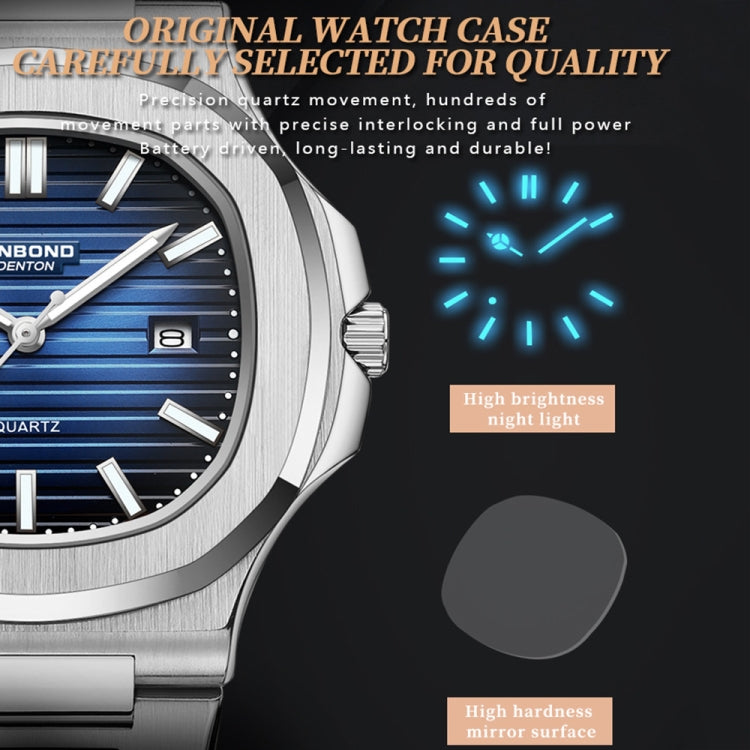BINBOND B1885 30m Waterproof Retro Luminous Square Men Quartz Watch, Color: Black Steel-Blue-White - free shipping - PMC TechLife - Order now!