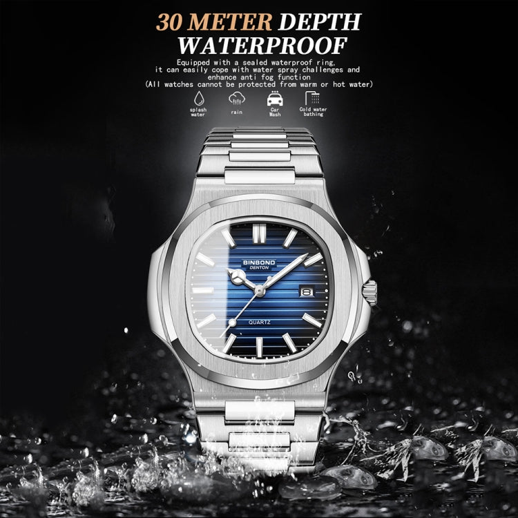 BINBOND B1885 30m Waterproof Retro Luminous Square Men Quartz Watch, Color: Black Steel-Blue-White - free shipping - PMC TechLife - Order now!