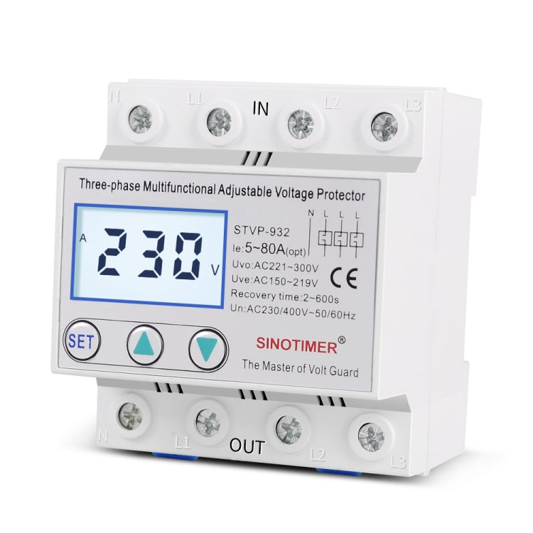 SINOTIMER STVP-932 40A 3-phase 380V LCD Self-resetting Adjustable Surge Voltage Protector - free shipping - PMC TechLife - Order now!