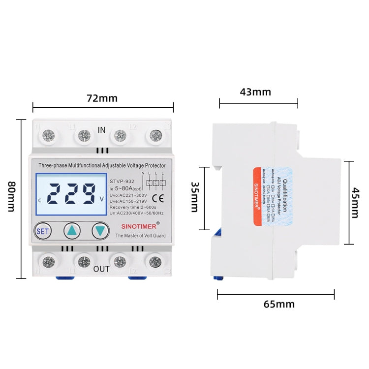 SINOTIMER STVP-932 50A 3-phase 380V LCD Self-resetting Adjustable Surge Voltage Protector - free shipping - PMC TechLife - Order now!