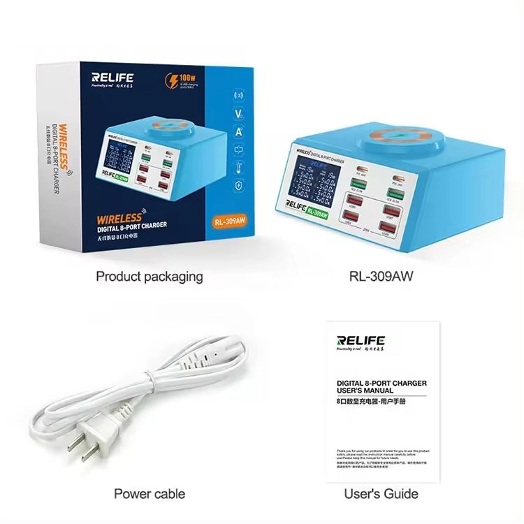 RELIFE RL-309AW  QC3.0 PD Fast Wireless Charger With LCD Display 8 Ports(EU Plug) - free shipping - PMC TechLife - Order now!