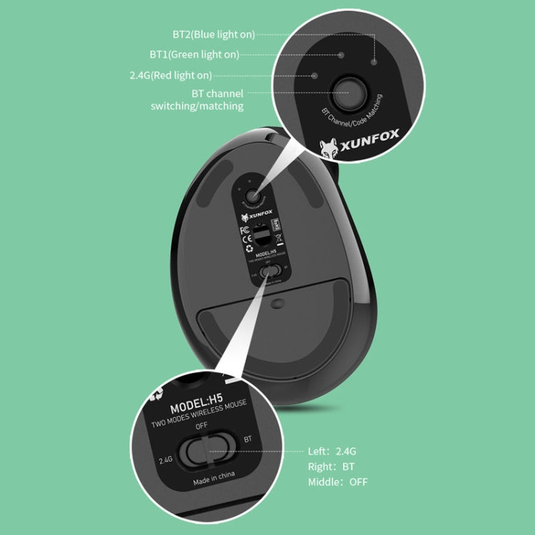 XUNSVFOX H5 Upright Vertical Dual Mode Mouse Rechargeable Wireless Business Office Mouse(Black) - free shipping - PMC Jewellery - Order now!