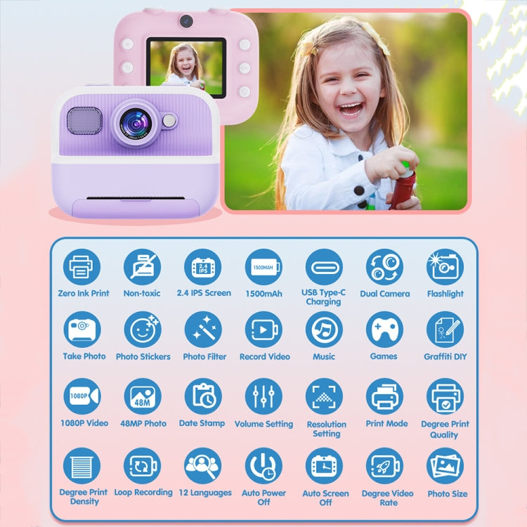 M8 2.4-Inch 1080P HD 2400W Pixel Dual-Camera Children Thermal Printing Camera, Color: Pink+32GB - Children Cameras by PMC TechLife | Online Shopping South Africa | PMC TechLife | Buy Now Pay Later Mobicred