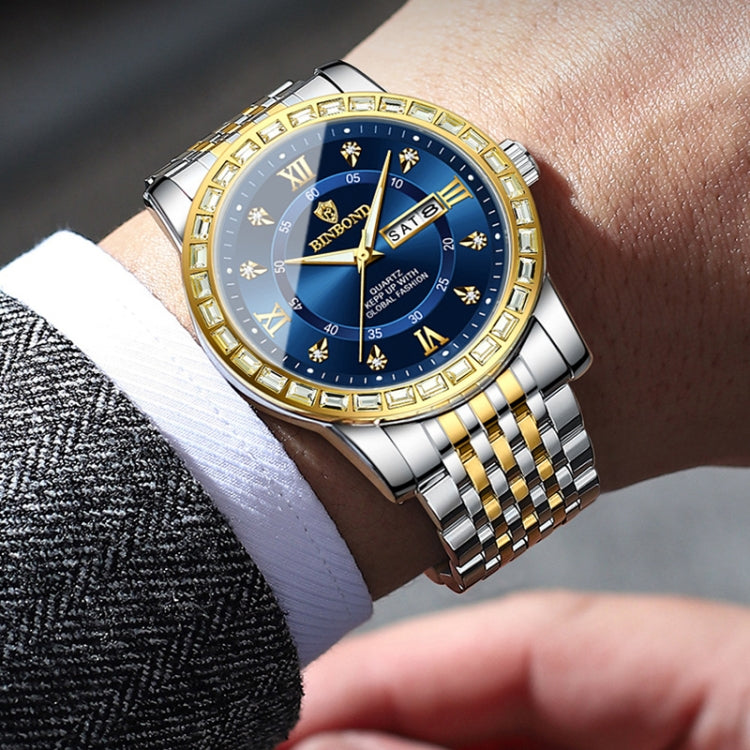 BINBOND B2202 Diamond Dual-calendar Luminous Quartz Watch, Color: Inter-gold-Green - free shipping - PMC TechLife - Order now!