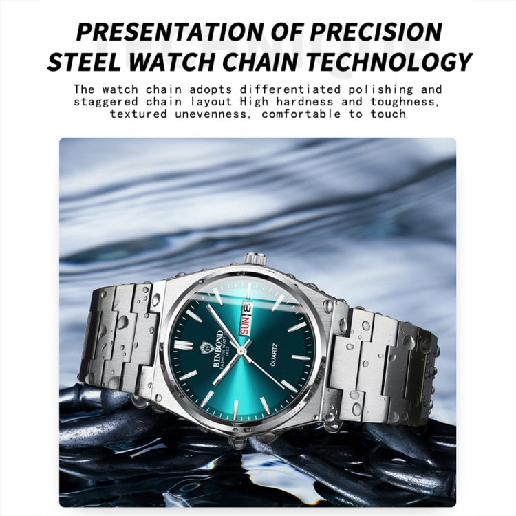 BINBOND B102 Dual-calendar Leisure Waterproof Luminous Quartz Watch, Color: White Steel-Green - free shipping - PMC TechLife - Order now!