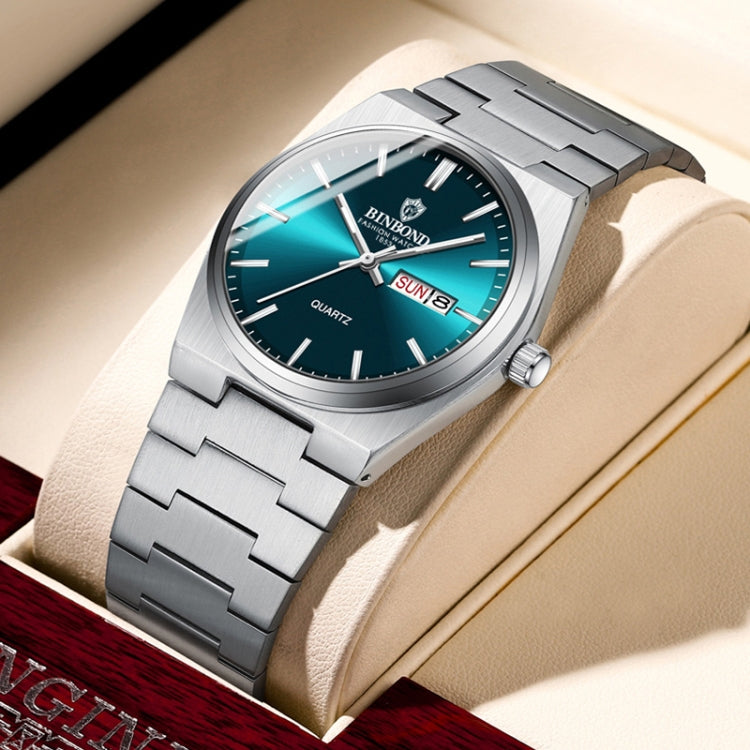 BINBOND B102 Dual-calendar Leisure Waterproof Luminous Quartz Watch, Color: White Steel-Blue - free shipping - PMC TechLife - Order now!