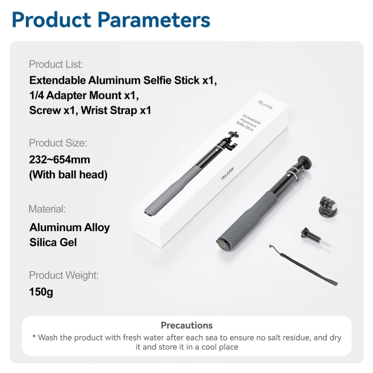 TELESIN WSS-001 65.4cm Aluminum Alloy Waterproof Ball Head Selfie Stick Diving Shooting Sports Camera Extension Stick - Extendable Pole by TELESIN | Online Shopping South Africa | PMC TechLife | Buy Now Pay Later Mobicred