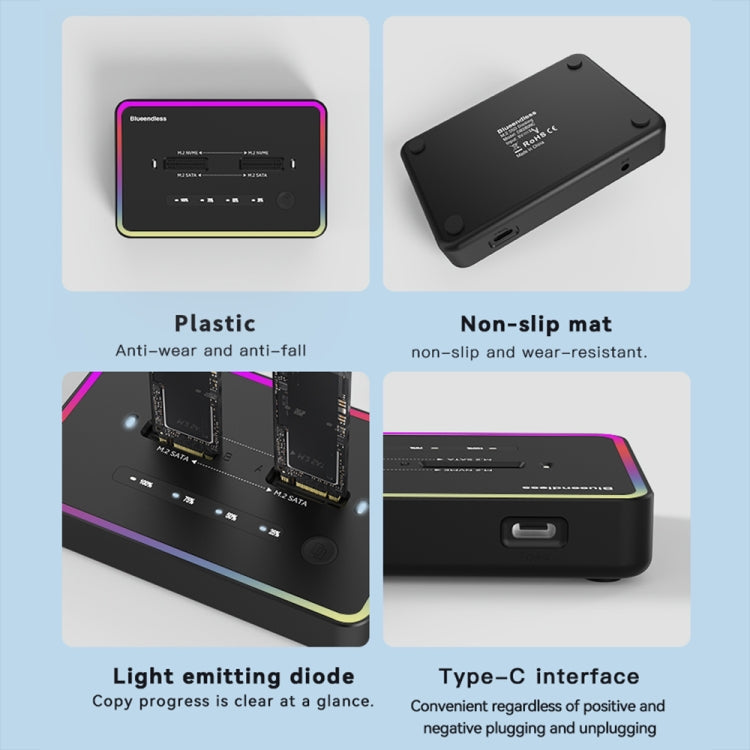 RGB Dual NVME or Dual SATA Blueendless M.2 Dual-Slot Hard Drive Base Solid State Hard Drive Box, US Plug - HDD Enclosure by PMC Jewellery | Online Shopping South Africa | PMC Jewellery | Buy Now Pay Later Mobicred