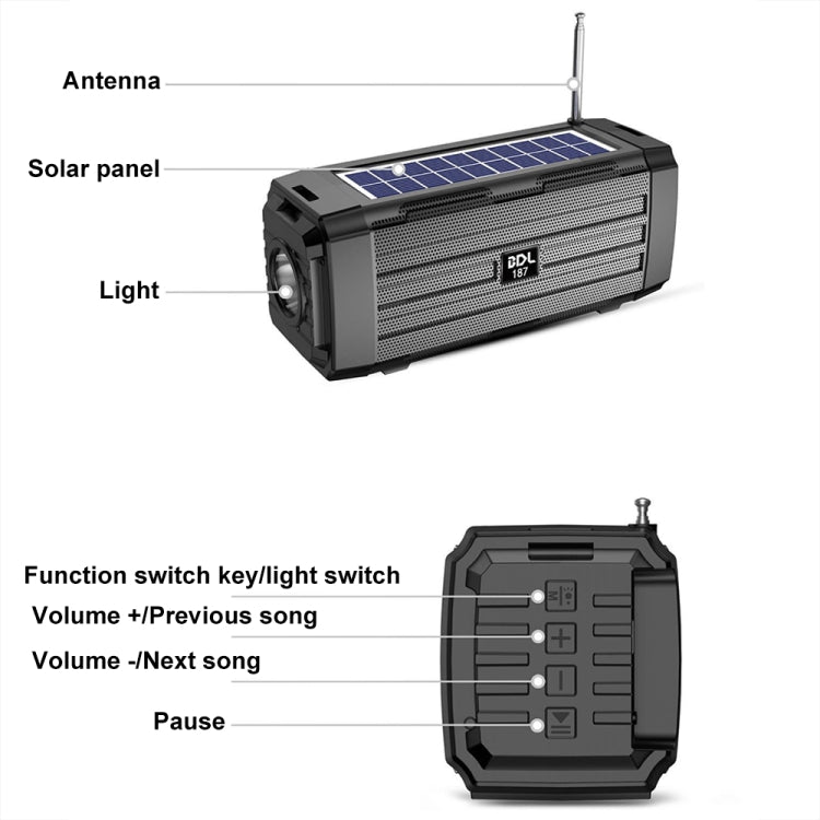 BDL-187 LED Light Solar Wireless Bluetooth Speaker Portable Outdoor Camping FM Radio(Black) - Radio Player by PMC TechLife | Online Shopping South Africa | PMC TechLife | Buy Now Pay Later Mobicred