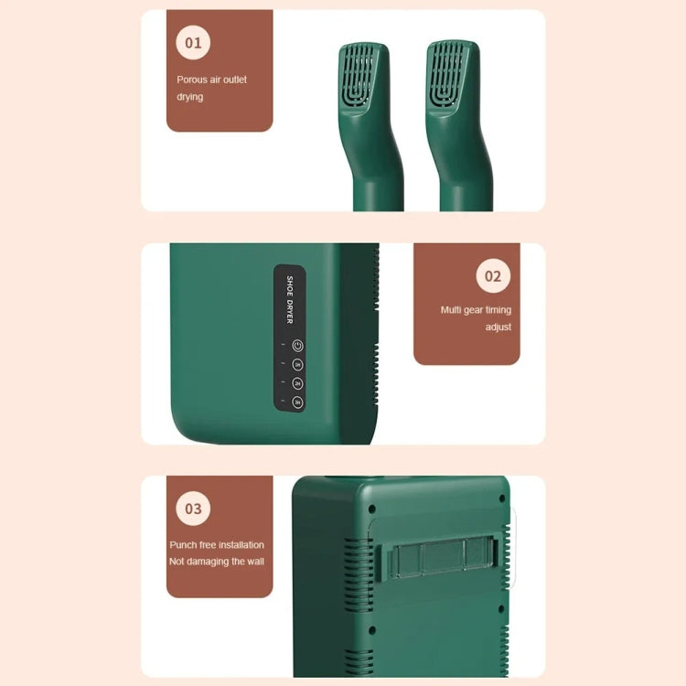 140W Boot Dryer Wall Mounted Shoes Warmer Heater, 3 Gear Timing, 360 Degree Rotating Air Outlet EU Plug(Green) - free shipping - PMC TechLife - Order now!