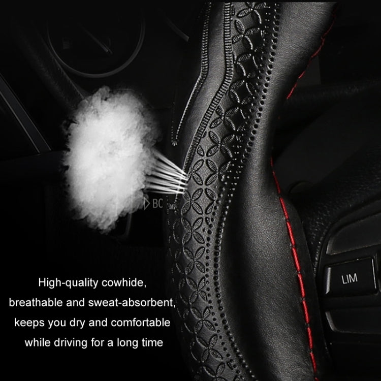 38cm Four-Season Embossed Hand-Sewn Cowhide Steering Wheel Cover(Black+Red Line) - Steering Wheel Accessories by PMC TechLife | Online Shopping South Africa | PMC TechLife | Buy Now Pay Later Mobicred